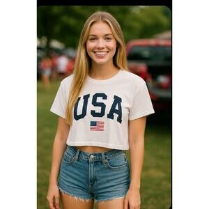 Ideal T USA Red White Blue‎ Flag White Short Sleeve Cropped Tee T-shirt Size Med